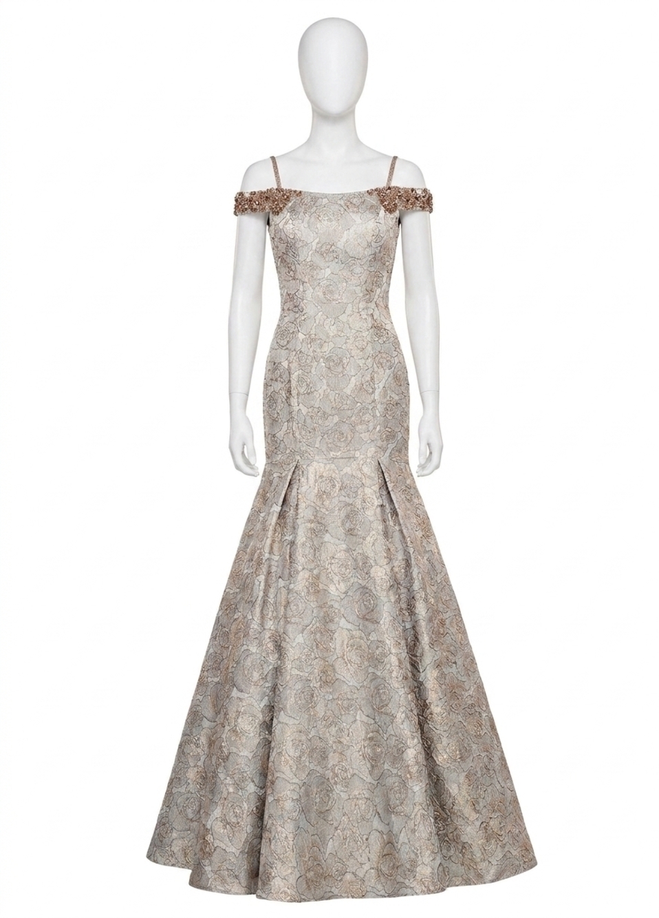 NEW RACHEL ALLAN metallic floral jacquard mermaid prom gown in champagne/rose